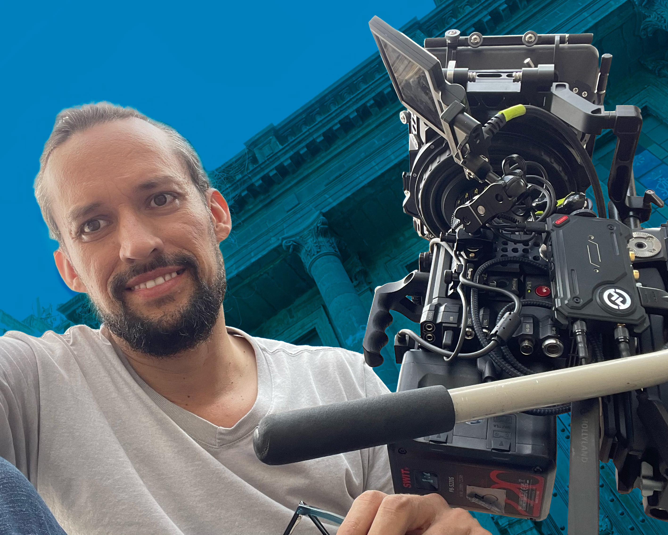 Alejandro Roa Cinematographer operating a RED cinema camera with Hollyland wireless transmitter and Tilta follow focus on set during the filming of the movie Cupida.